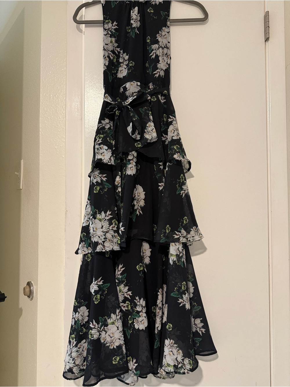 GB girls Black Dress with White and Green Floral Accents